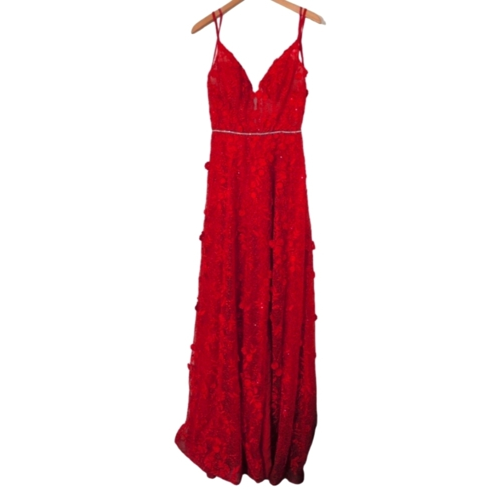 Morrell Maxi Red Lace Corset Dress Rhinestones Cami Straps Prom Hoco Formal 10